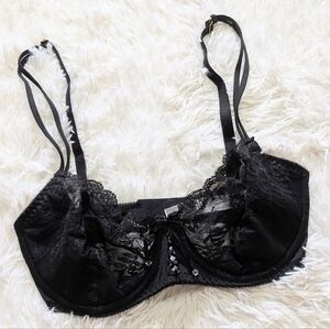 Victoria's Secret Black Sheer Lace Unlined Underwire Lace Up Demi Bra Size 32DD